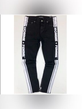 Homme + Femme LA Striped Logo Denim Black White Distressed Rare racing jeans